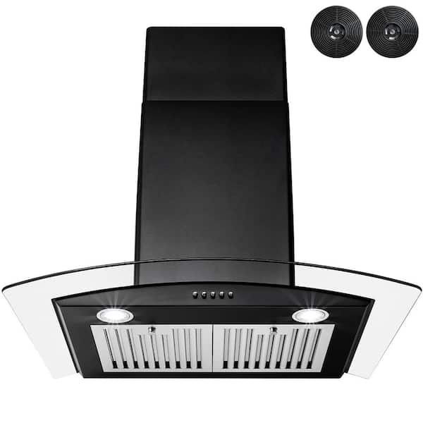 AKDY 30 in. Convertible Wall Mount Range Hood in Black Painted Stainless Steel with Tempered Glass and Carbon Filters