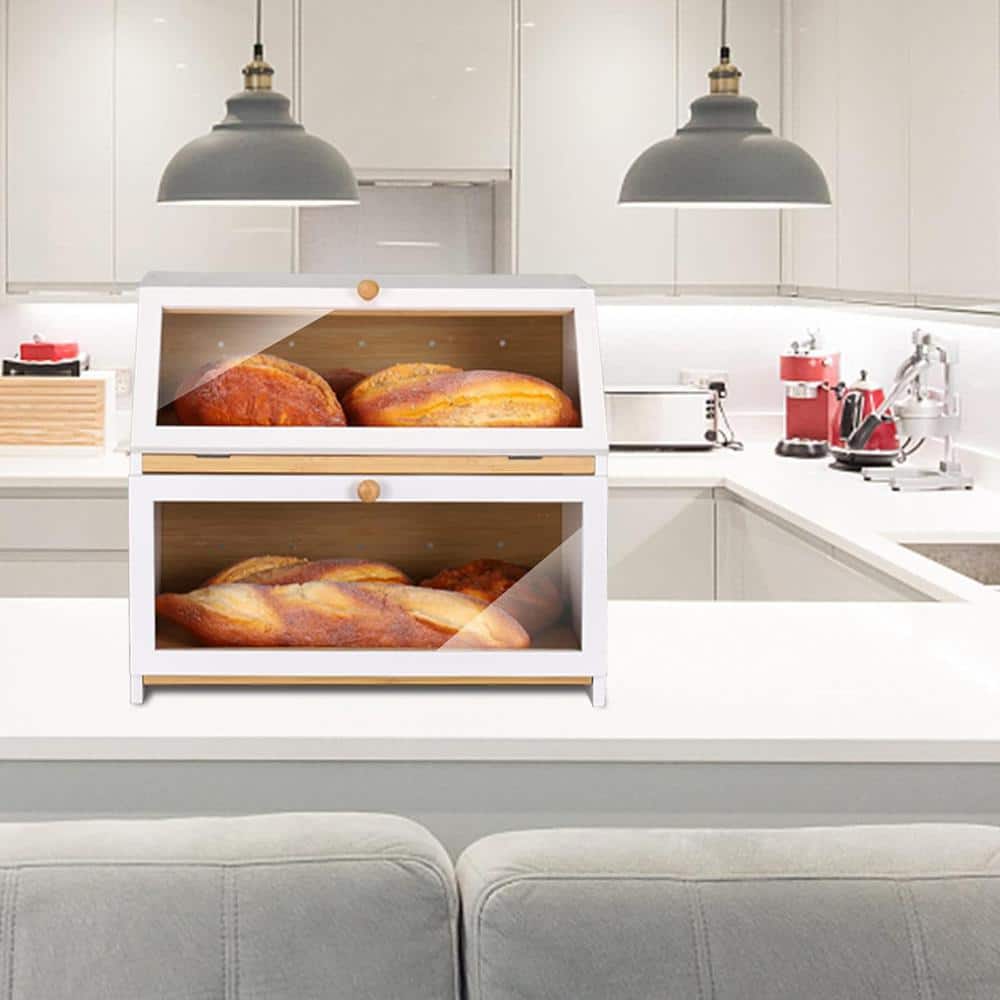 1 Piece Double Layer Bread Box for Kitchen Counter, Wooden Large Capacity B