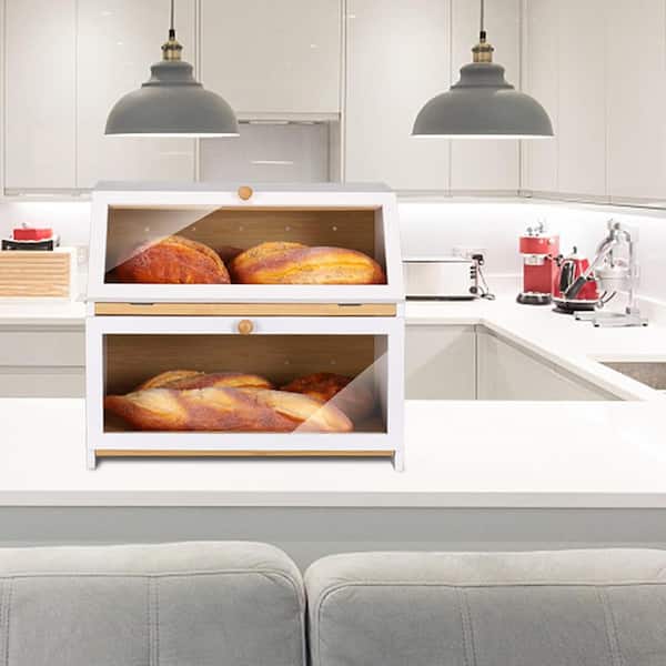 Adrinfly 1 Piece Double Layer Bread Box for Kitchen Counter, Wooden Large Capacity Bread Storage Bin (White)