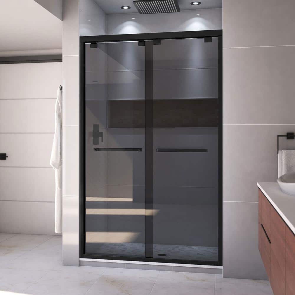 Encore 48 in. W x 76 in. H Sliding Semi-Frameless Shower Door in Matte Black with Gray Glass price history on PriceWatchPro