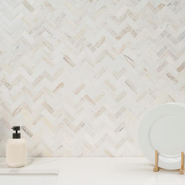 MSI - Angora Herringbone 12 in. x 14 in. x 0.38 in. Polished Marble Mesh-Mounted Mosaic Tile (1 sq.ft./Each)