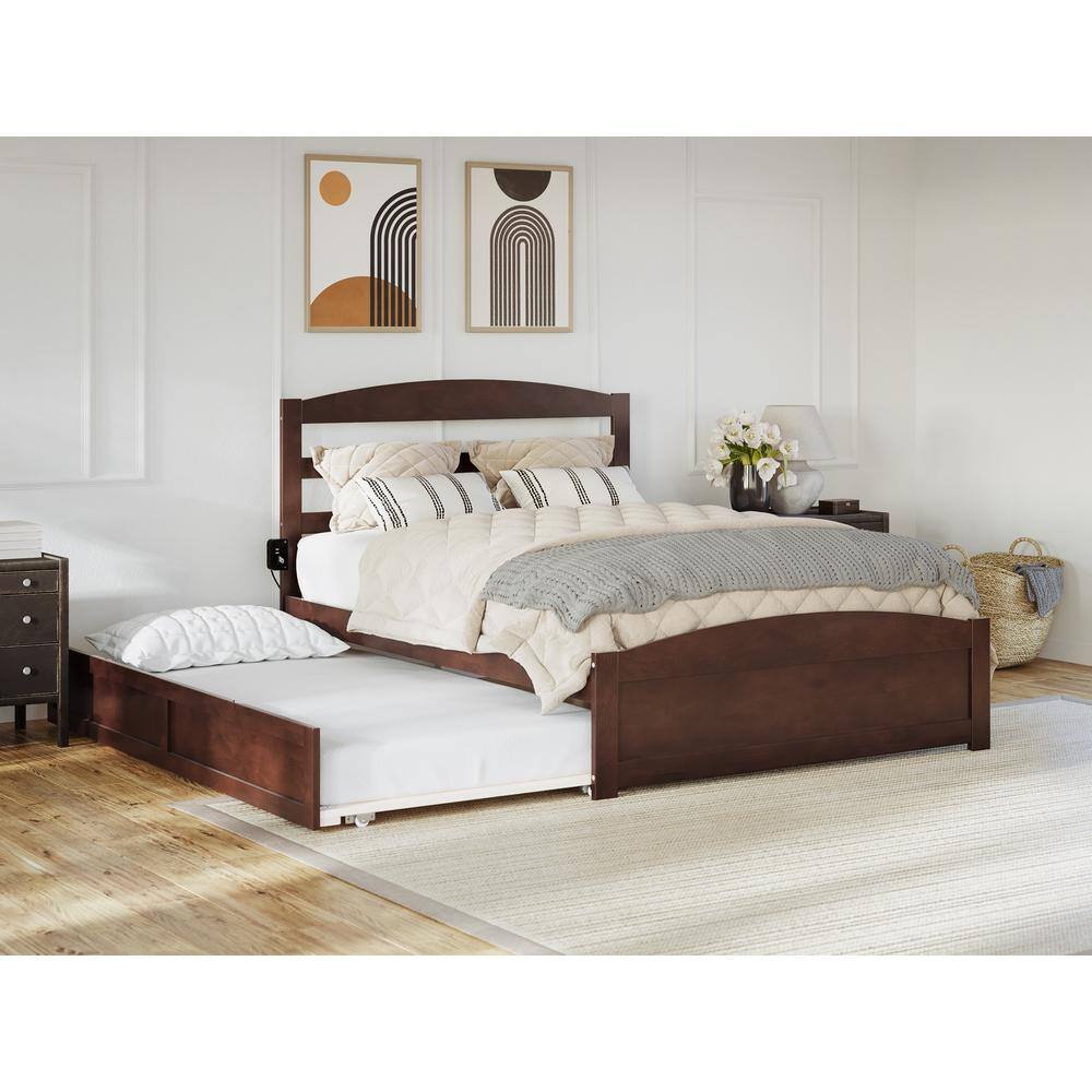 Walnut Full Platform Bed with Trundle and Slatted Headboard