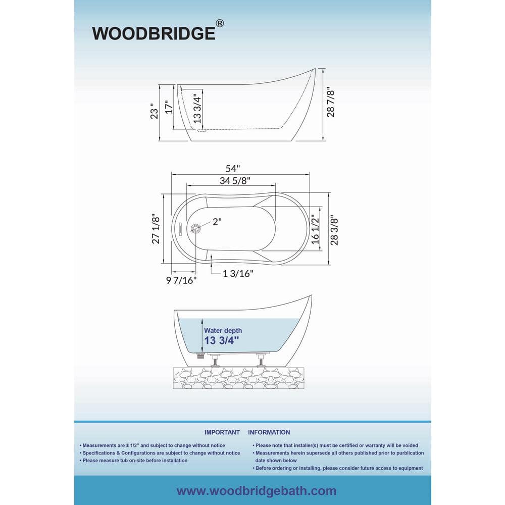 54" White Acrylic Freestanding Slipper Soaking Tub with Matte Black Trim