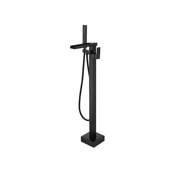 Waterfall Single-Handle Freestanding Tub Faucet Floor Mount Filler with Square Hand Held Shower Modern in Matte Black