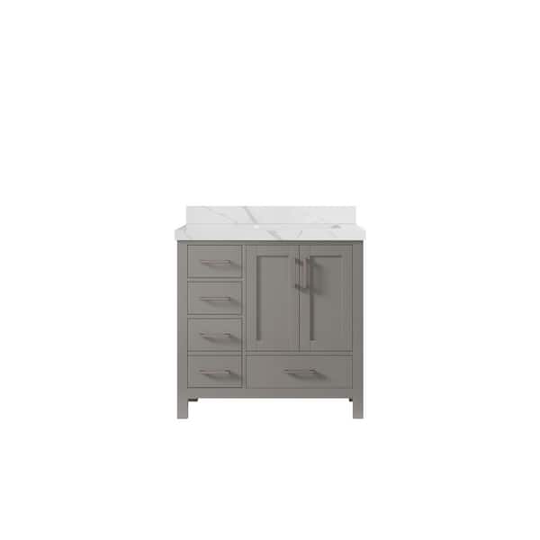 Willow Collections Malibu 36 in. W x 22 in. D x 36 in. H Right Offset Sink Bath Vanity in Gray with 2 in. Calacatta Quartz Top