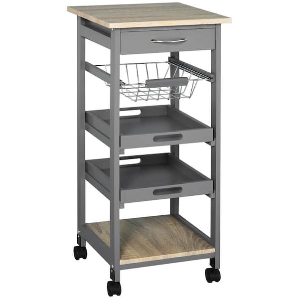 Tileon Gray Wood Kitchen Cart Rolling Serving Cart with Storage Drawer, Pull Out Tray and Slide-Out Wire Basket