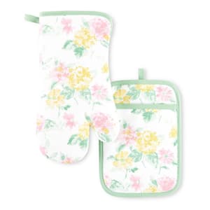 Amber Floral Cotton Pink/Yellow Oven Mitt and Pot Holder (Set of 2)