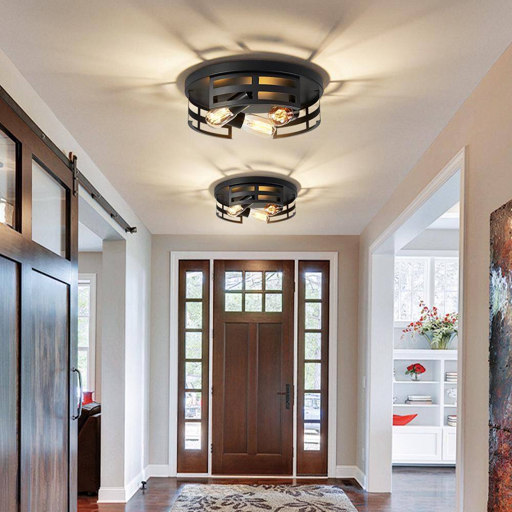 13 in. 2-Light Industrial Metal Cage Matte Black Flush Mount Ceiling Light with Turnable Light Cap (2-Pack) for Bedroom price history on PriceWatchPro