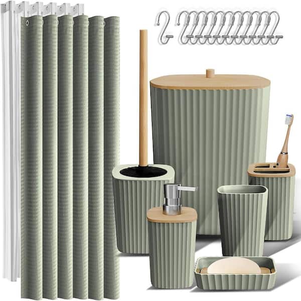 Bathroom Set, Bathroom Accessory Set, Shower Curtain Set, Toilet Brush, Trash Can & Soap Dispenser in Sage Green