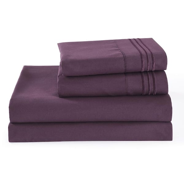 S4PCS 4-Pieces Embroidery Purple Polyester King Size Cooling Bed Sheets Set