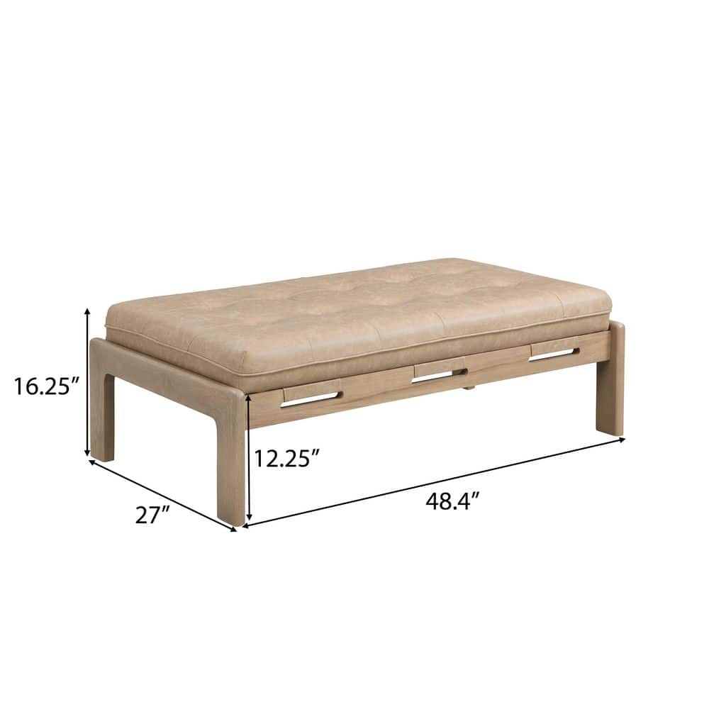 Taupe Brown Faux Leather Tufted Cocktail Ottoman with Rubberwood Base
