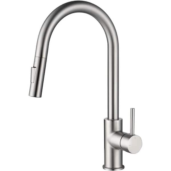 KIBI 16.5 in. H Single Hole 1.8 GPM Pull Down Sprayer Kitchen Faucet with 360° Spout Swivel in Brushed Nickel