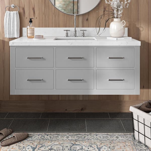 ARIEL Hutton 48.25 in. W x 22 in. D x 19.6 in. H Single Sink Freestanding Bath Vanity in Grey with Carrara White Quartz Top