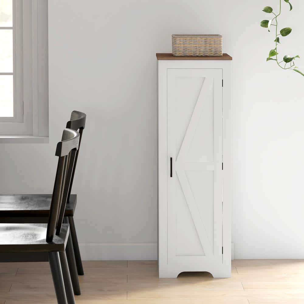 White Farmhouse Storage Cabinet with Adjustable Shelving and Barn Door