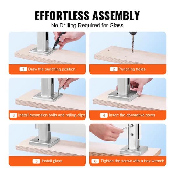 VEVOR Glass Clamp 10-PCS Railing Bracket 6.3 in. H x 4 in. W Silver 304 Stainless Steel for 0.31 to 0.47 in. Stair Railing Kit