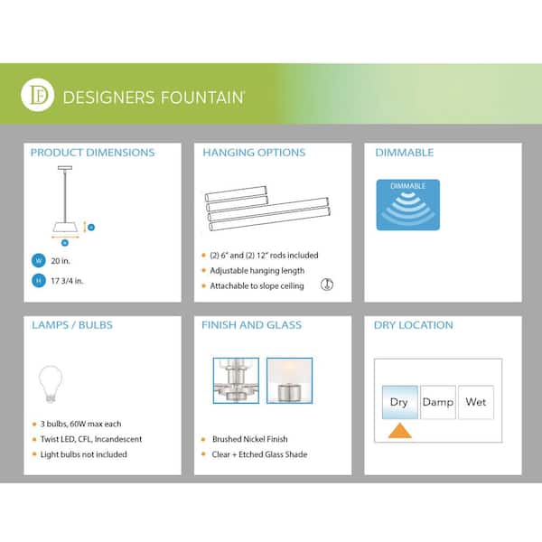 Designers Fountain - Cedar Lane 3 -Light Brushed Nickel Chandelier with Clear Etched Glass Shades