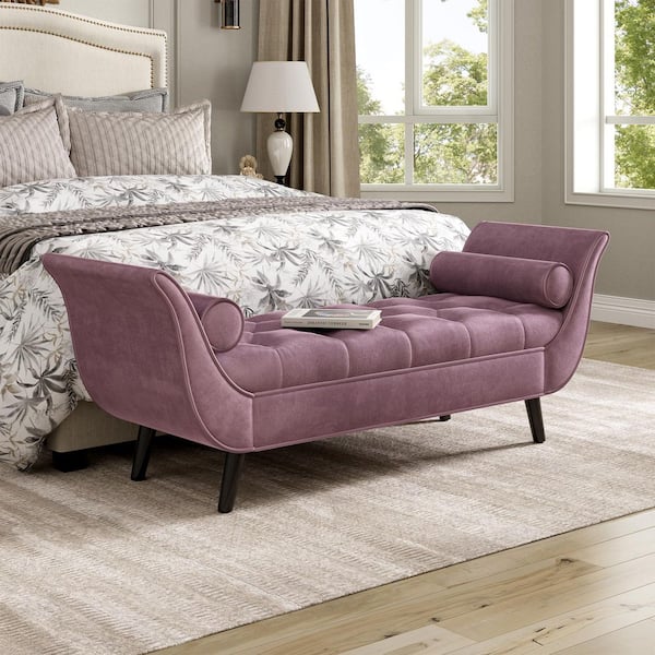Ismere Modern Purple Button Tufted Velvet Upholstered Ottoman Bench with Rolled Arms, Pillows, Solid Wood Legs