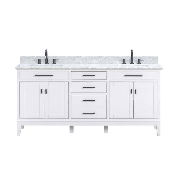 Madison 73 in. Double Sink White Bath Vanity with Carrara White Marble Top