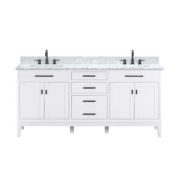 Madison 73 in. Double Sink White Bath Vanity with Carrara White Marble Top
