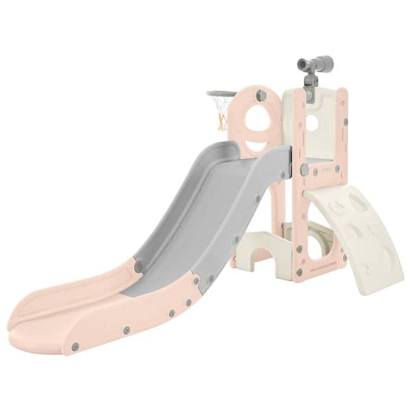 Unbranded Pink and Gray 5-in-1 Freestanding Spaceship Playset with Slide, Telescope and Basketball Hoop