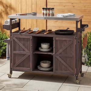 Brown Stainless Steel 50-in. Kitchen Island Cart, Natural Fir Wood and 4 S-Hooks for Outdoor Patio Dining and Prep