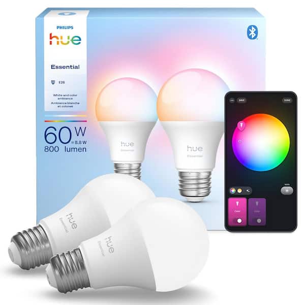 Essential 60-Watt Equivalent A19 Smart LED Color Changing Light Bulb with Bluetooth (2-Pack)