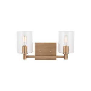 Fullton Modern 14.25 in. 2-Light LED Indoor Dimmable Satin Brass Gold Bath Vanity Light with Clear Glass Shades