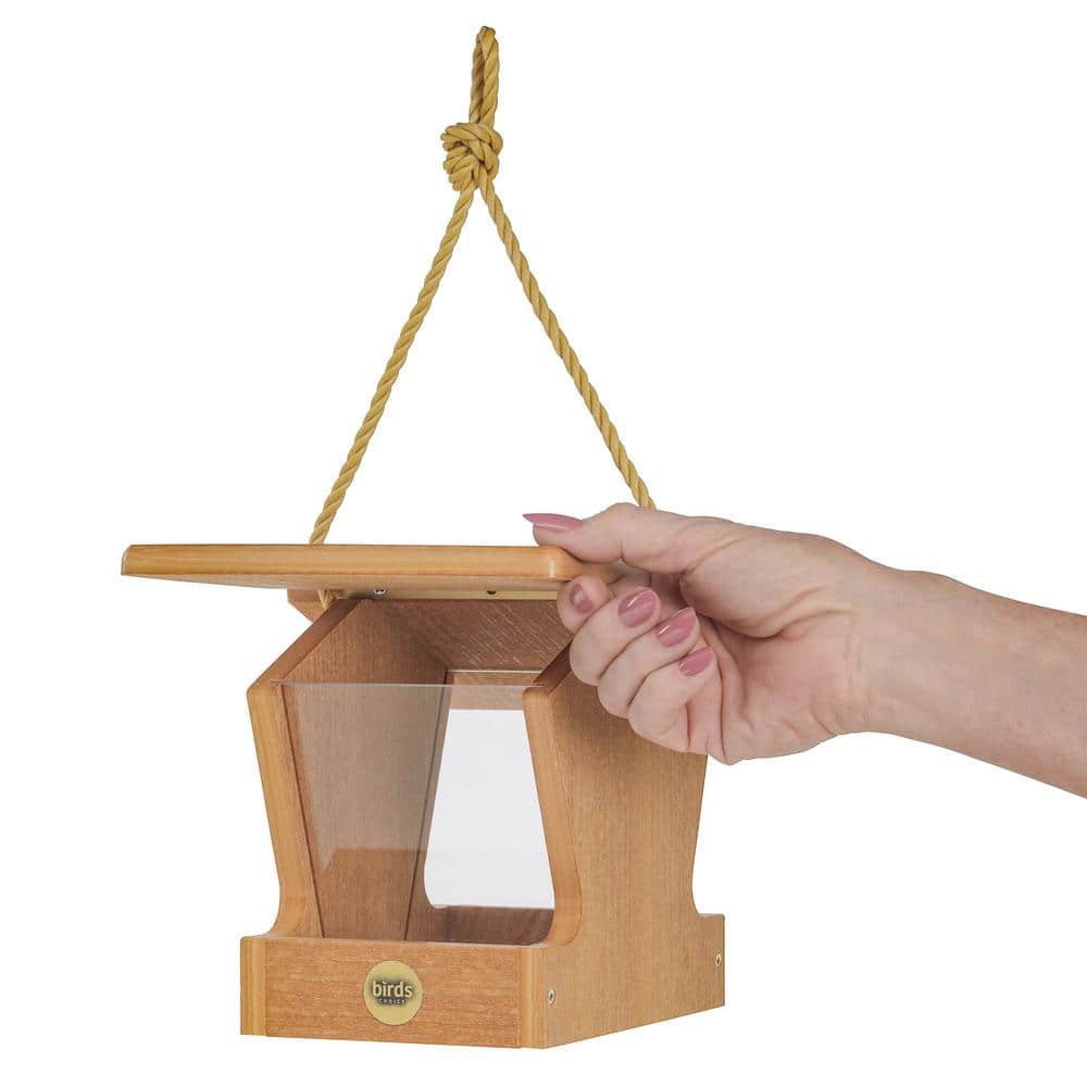 Natural Teak Small Hanging Hopper Bird Feeder