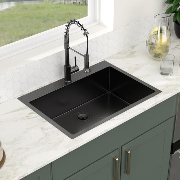 30 in. Drop-In Sink Single Bowl 18 Gauge Gunmetal Black Stainless Steel Kitchen Sink with Accessories
