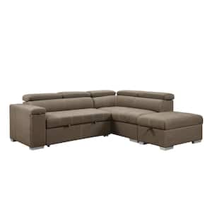 99.5 in. L Shaped Microfiber Sectional Sofa in Brown with Pull-Out Bed, Storage Ottoman and Cup Holder