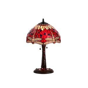 22 in. Red Dragonfly Mosaic Brown Table Lamp with Pull Chain