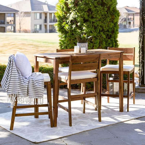 Walker Edison Furniture Company Dark Brown 5-Piece Acacia Wood Rectangle Counter Height Outdoor Dining Set with White Cushions