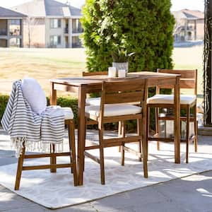 Dark Brown 5-Piece Acacia Wood Rectangle Counter Height Outdoor Dining Set with White Cushions