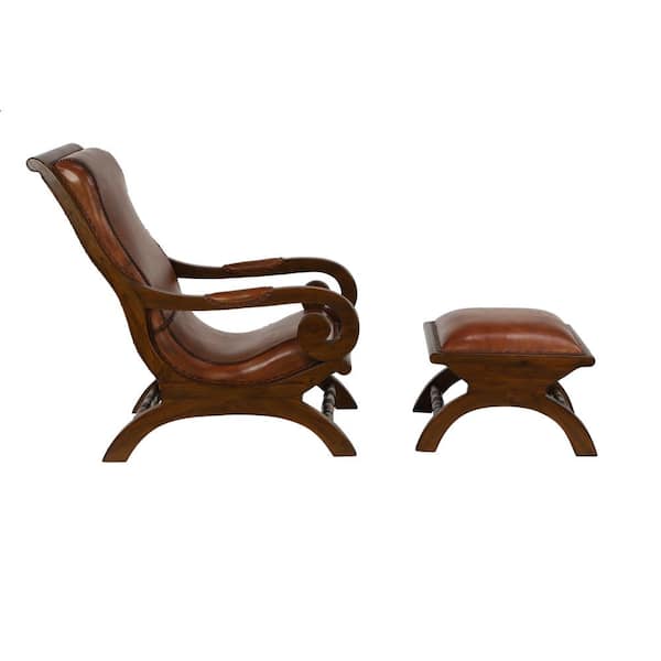 Litton Lane Brown Teak Wood Traditional, Leather Wood Chair With Ottoman