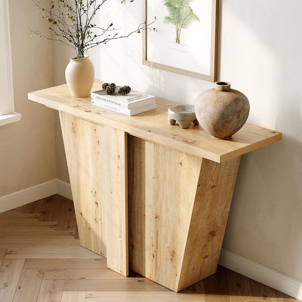BYBLIGHT Turrella 55 in. Oak Rectangle Wood Console Table with Stable Base, Narrow Entryway Table for Living Room
