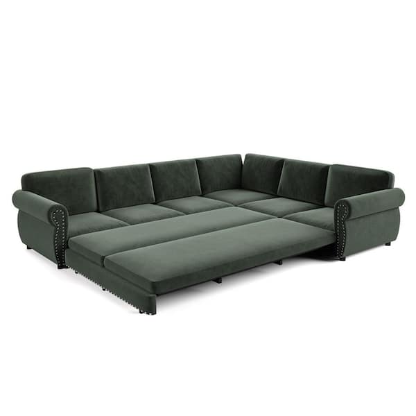 Oversize Convertible 118 in. Chenille Sectional Sofa in. Green with Nail head Trim, Pull-out Sofa Sleeper