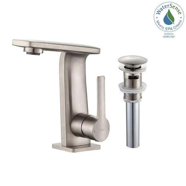KRAUS Novus Single Hole Single-Handle Mid-Arc Bathroom Faucet with Matching Pop-Up Drain in Brushed Nickel