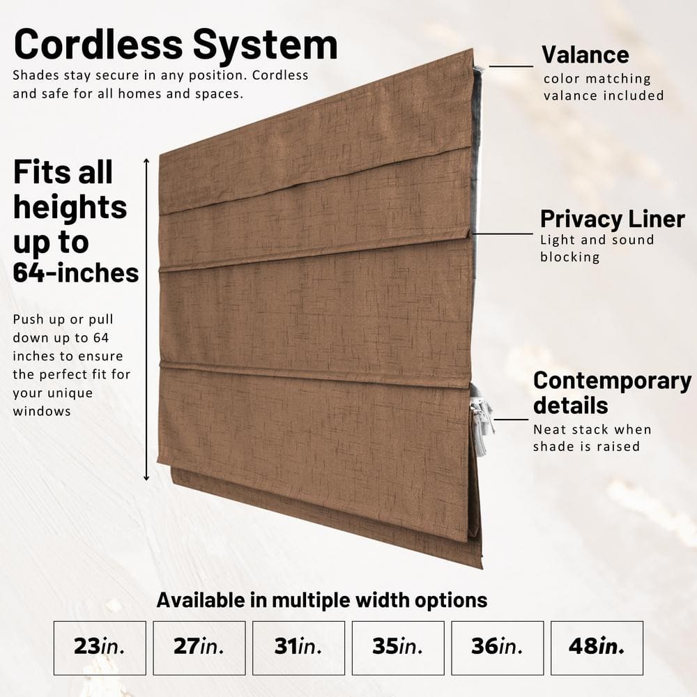 Cafe Blackout Cordless Fabric Roman Shades 23"W x 64"H