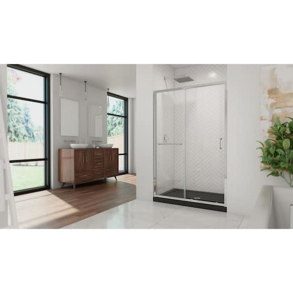 Infinity-Z 36 in. x 48 in. Semi-Frameless Sliding Shower Door in Chrome with Center Drain Shower Base in Black