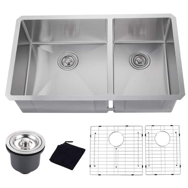 33 in. Drop-In/Undermount 60/40 Split Double Bowl Sink Gauge Stainless Steel Kitchen Sink with Bottom Grids