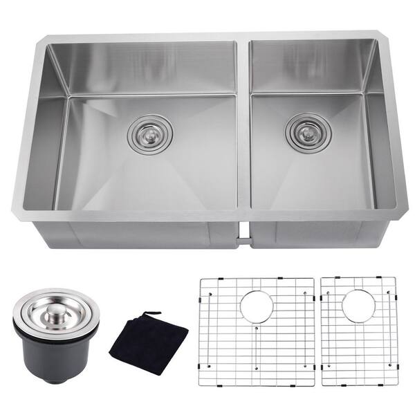 33 in. Drop-In/Undermount 60/40 Split Double Bowl Sink Gauge Stainless Steel Kitchen Sink with Bottom Grids