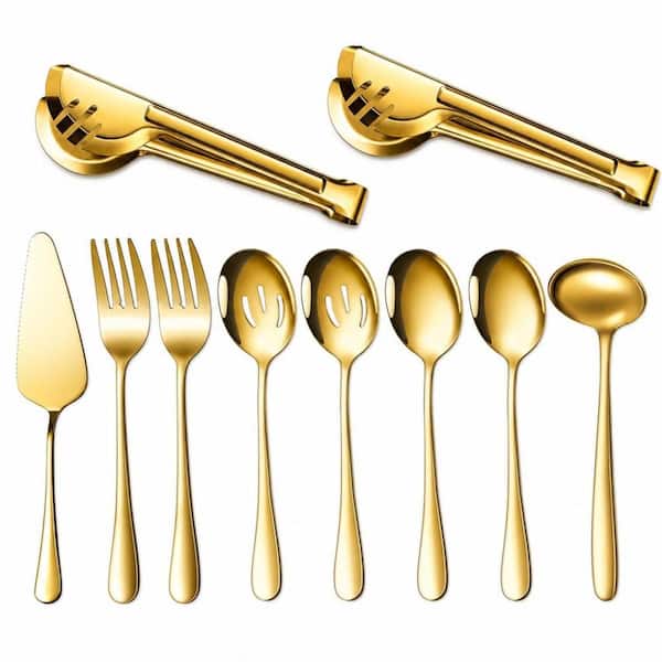 10-Piece Stainless Steel Kitchen Serving Utensils Set, Include Large Spoons Forks Ladle and Pie, Flatware Serving Sets