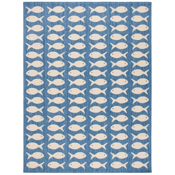 SAFAVIEH Courtyard Blue/Beige 8 ft. x 10 ft. Geometric Fish Indoor/Outdoor Patio  Area Rug