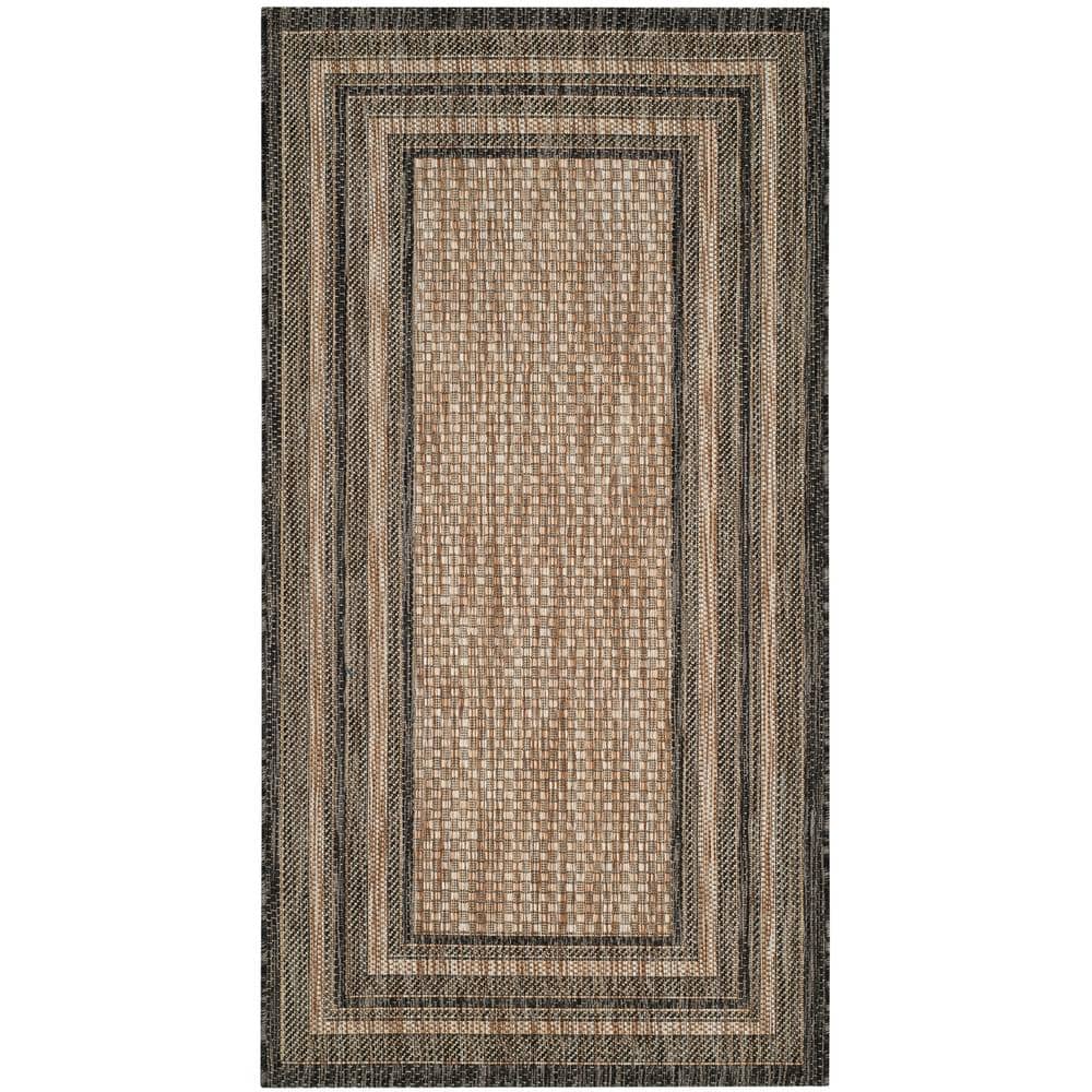 Natural and Black Rectangular Washable Synthetic Area Rug