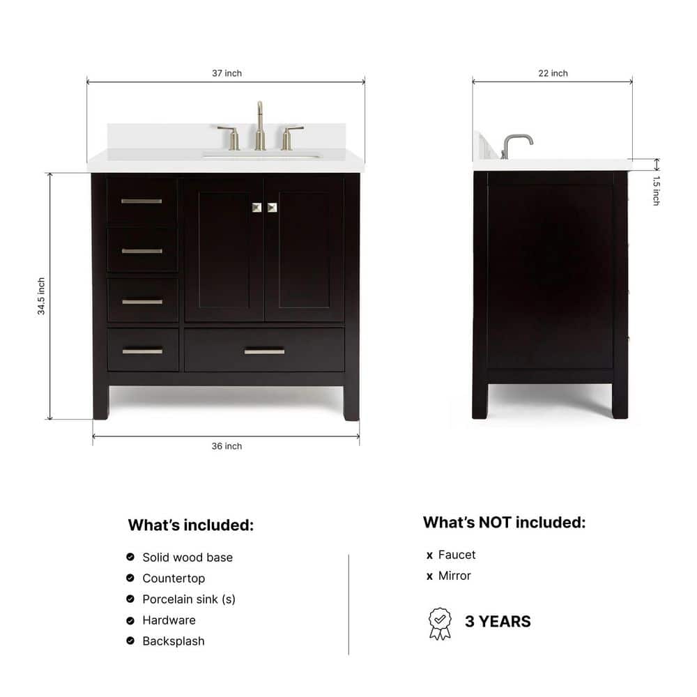 Ariel Cambridge 37" Espresso Single Sink Bathroom Vanity with Quartz Top