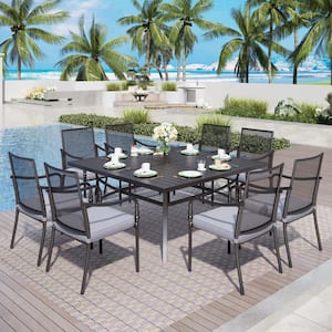 9-Piece Black Metal Outdoor Dining Set with Slat Extra-large Square Table and Metal Chairs with Gray Cushions