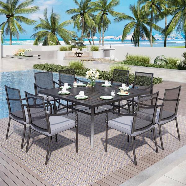 PHI VILLA 9-Piece Black Metal Outdoor Dining Set with Slat Extra-large ...