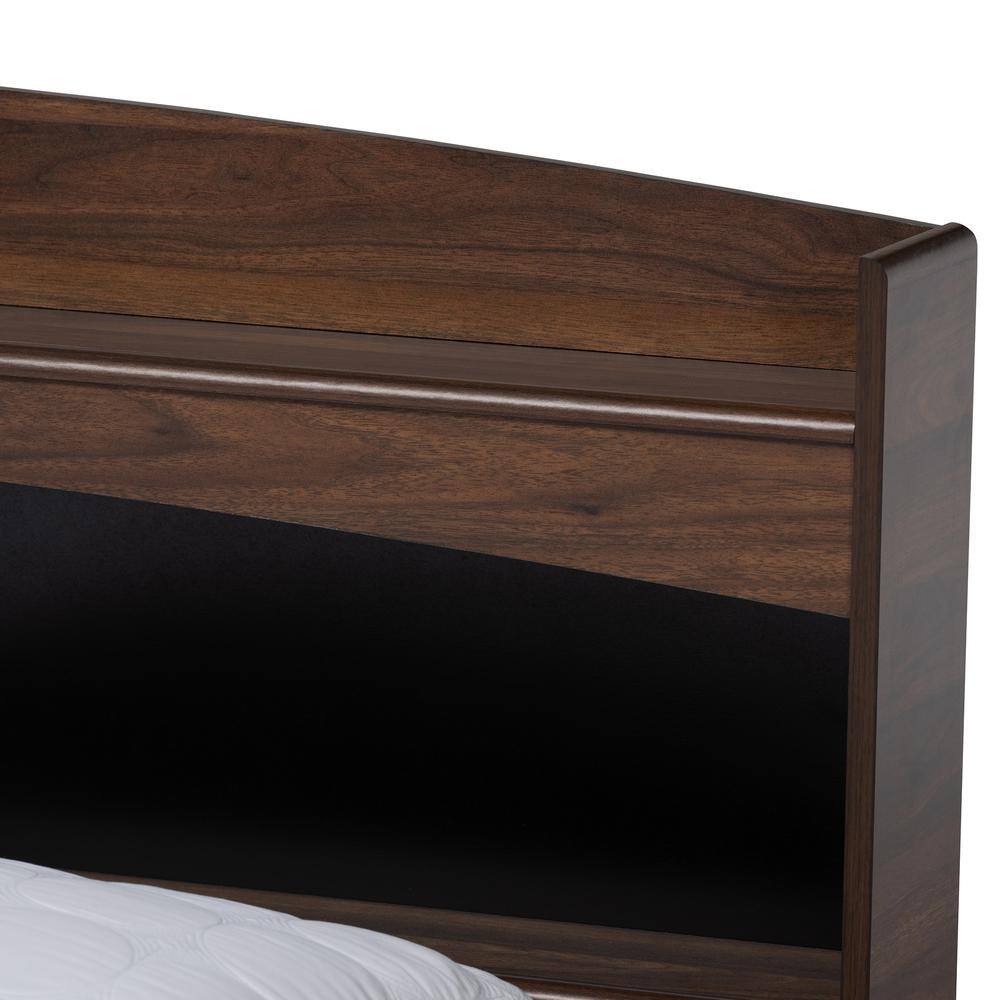 Christopher Queen Walnut Wood Platform Bed with Shelves