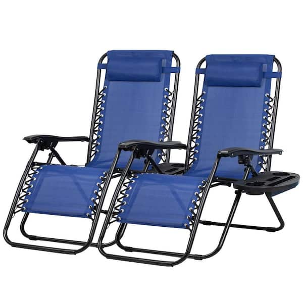 Oyezvary Zero Gravity Adjustable Lounge Chair Metal Reclining Beach Chair with Pillow and Cup Holder Set of 2 (Blue)