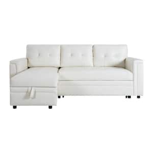 54 in. Reversible Sleeper Air Faux Leather Rolled Arm Sectional Sofa with Storage and USB Ports in. White